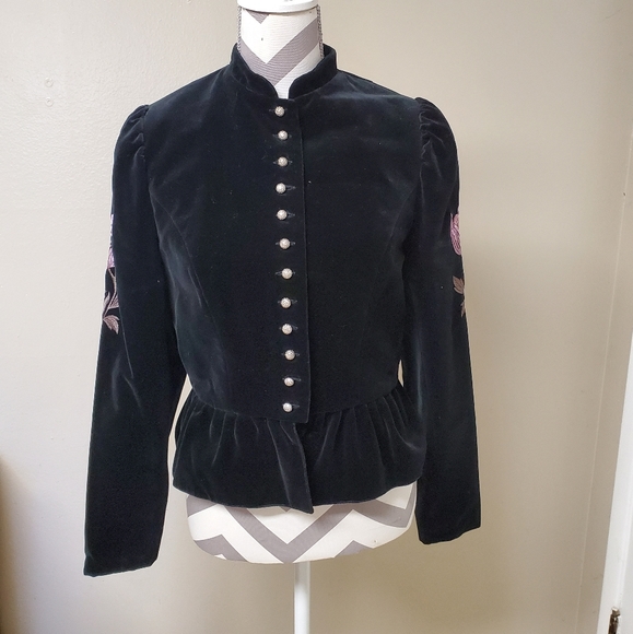 Embroidered Faux Velvet Jacket*Button Front* Ruffled Bottom Prince VIbes - Picture 1 of 4
